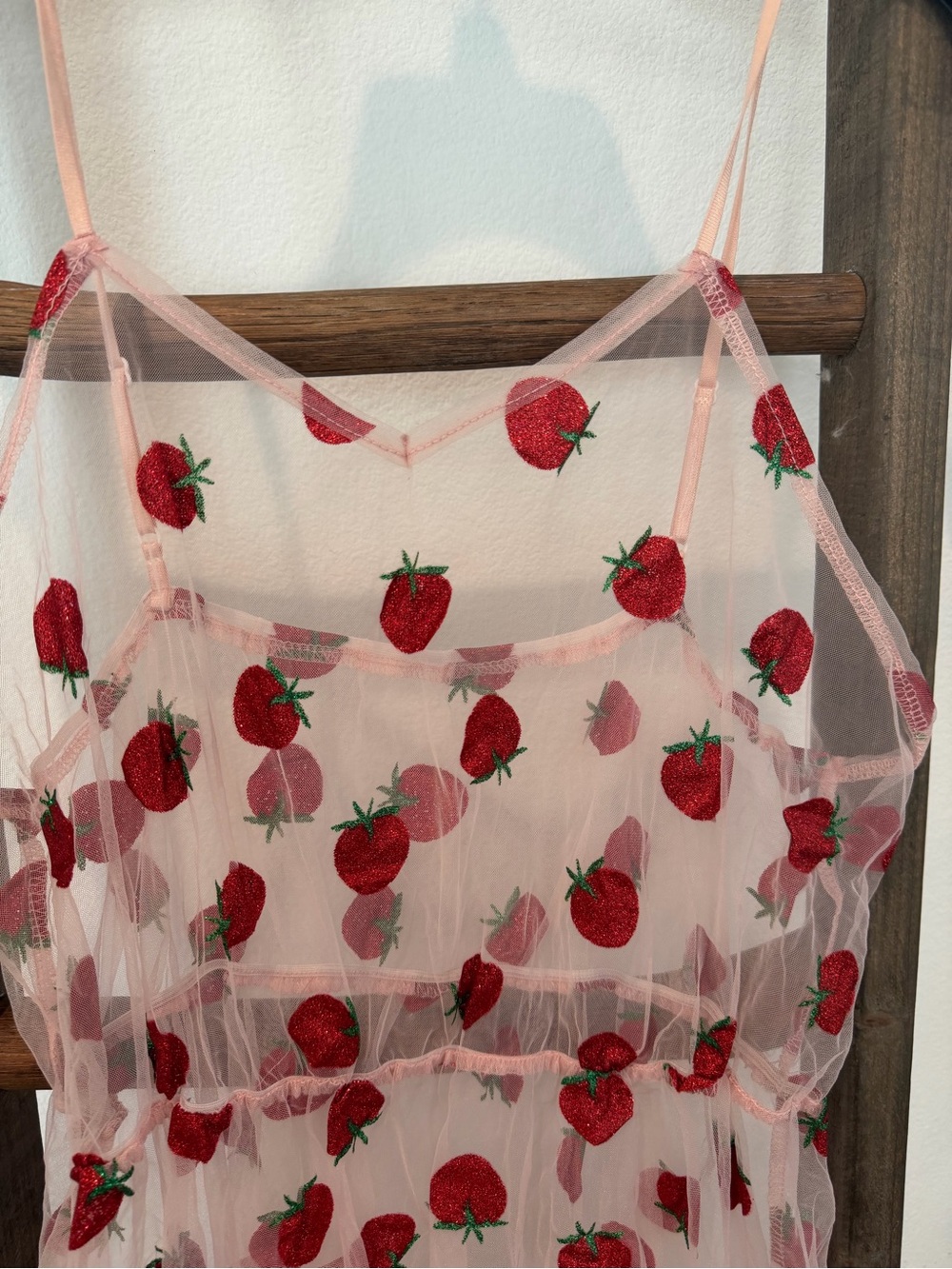 SHEIN Pink Sheer Strawberry Embroidered Slip Dress